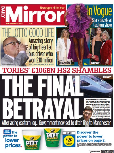 Daily Mirror (UK) Newspaper Front Page for 15 September 2023