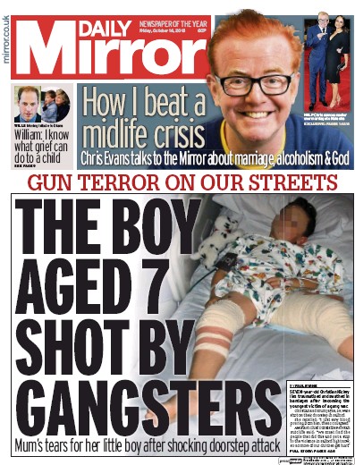 Daily Mirror Newspaper Front Page for 16 October 2015