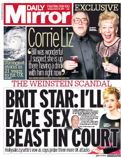 Daily Mirror Newspaper Front Page for 16 October 2017