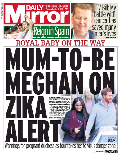 Daily Mirror (UK) Newspaper Front Page for 16 October 2018
