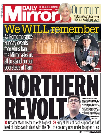 Daily Mirror Newspaper Front Page for 16 October 2020
