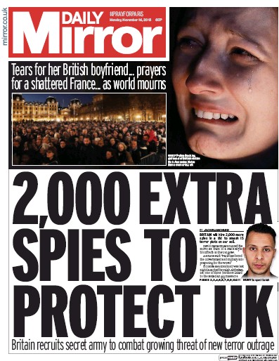 Daily Mirror Newspaper Front Page for 16 November 2015