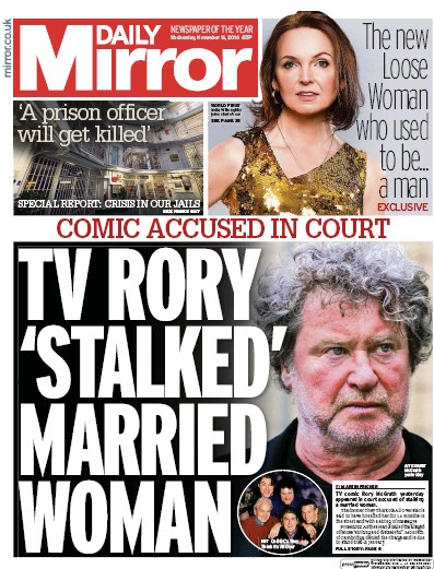 Daily Mirror Newspaper Front Page for 16 November 2016