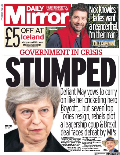 Daily Mirror Newspaper Front Page for 16 November 2018