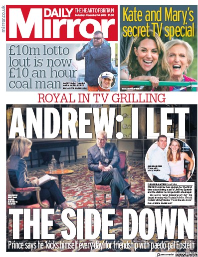 Daily Mirror Newspaper Front Page for 16 November 2019