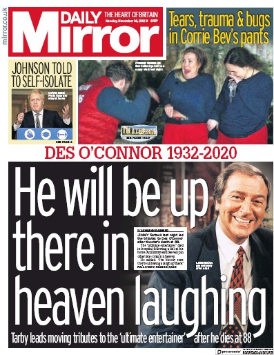 Daily Mirror Newspaper Front Page for 16 November 2020