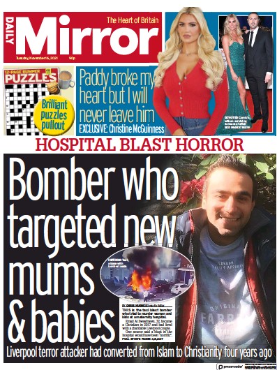 Daily Mirror (UK) Newspaper Front Page for 16 November 2021