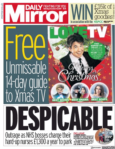 Daily Mirror Newspaper Front Page for 16 December 2017