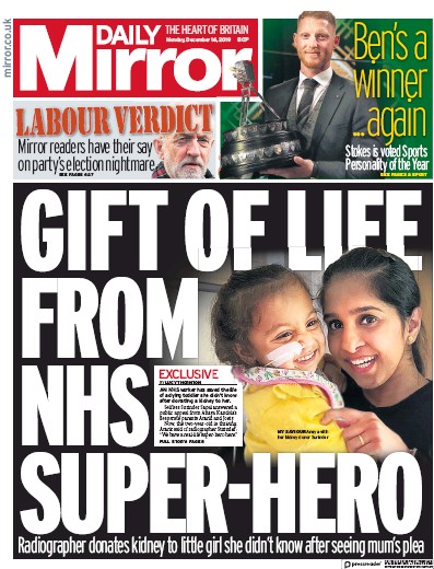 Daily Mirror Newspaper Front Page for 16 December 2019
