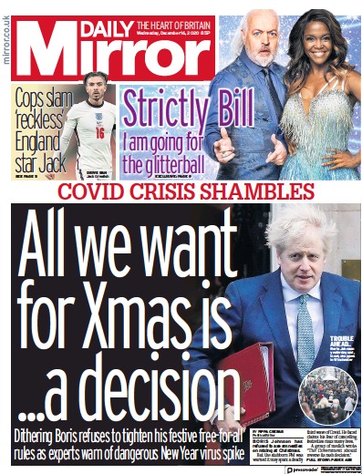 Daily Mirror Newspaper Front Page for 16 December 2020