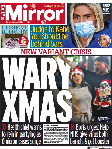 Daily Mirror (UK) Newspaper Front Page for 16 December 2021