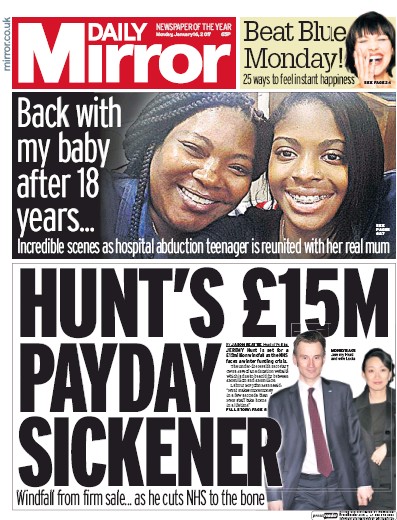 Daily Mirror Newspaper Front Page for 16 January 2017
