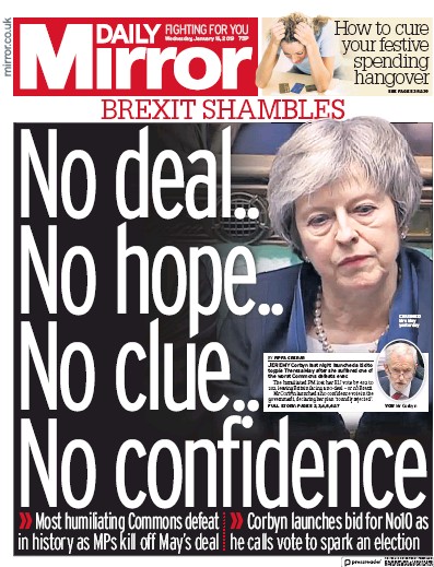 Daily Mirror Newspaper Front Page for 16 January 2019