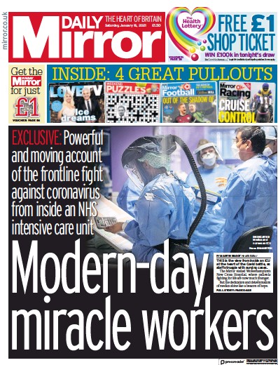 Daily Mirror Newspaper Front Page for 16 January 2021