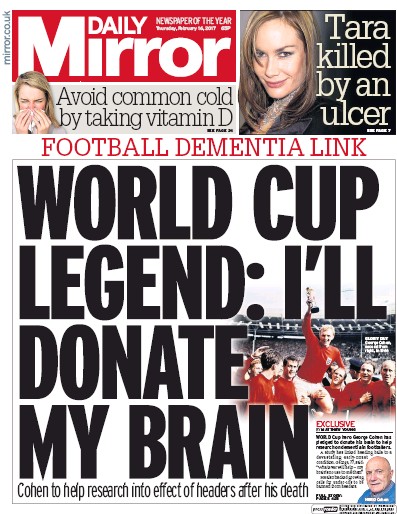 Daily Mirror Newspaper Front Page for 16 February 2017