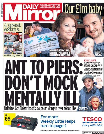 Daily Mirror Newspaper Front Page for 16 February 2019