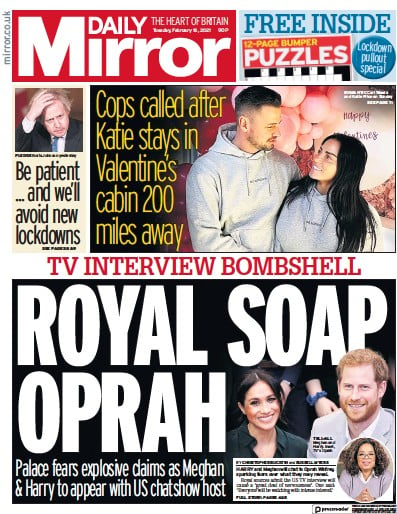 Daily Mirror Newspaper Front Page for 16 February 2021