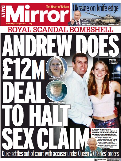 Daily Mirror (UK) Newspaper Front Page for 16 February 2022