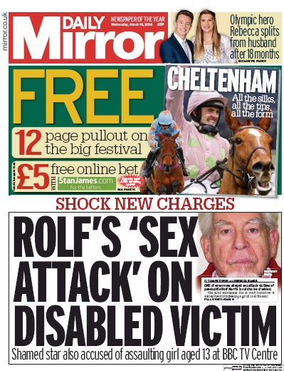 Daily Mirror Newspaper Front Page for 16 March 2016
