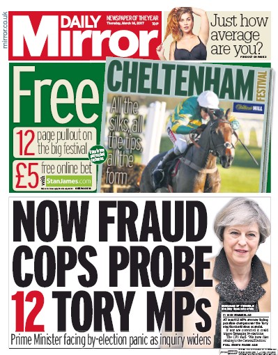 Daily Mirror Newspaper Front Page for 16 March 2017