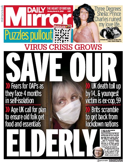 Daily Mirror Newspaper Front Page for 16 March 2020