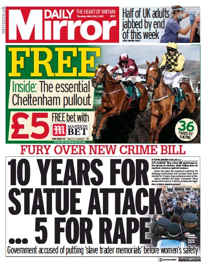 Daily Mirror (UK) Newspaper Front Page for 16 March 2021