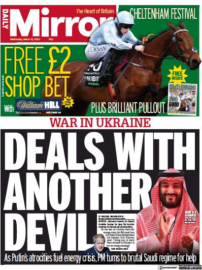 Daily Mirror Newspaper Front Page for 16 March 2022