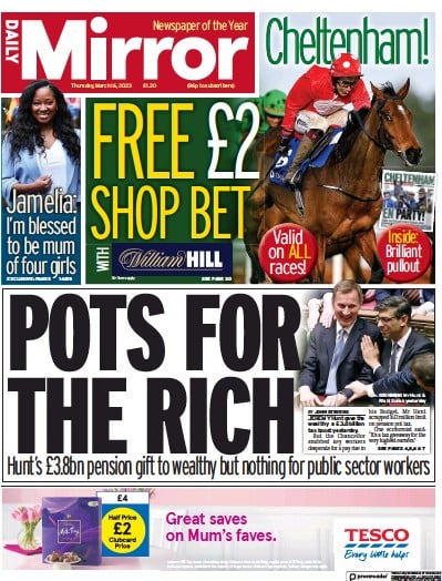 Daily Mirror (UK) Newspaper Front Page for 16 March 2023