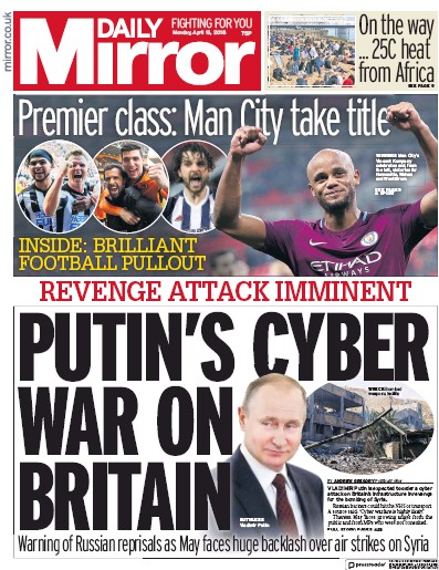 Daily Mirror Newspaper Front Page for 16 April 2018