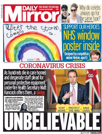 Daily Mirror Newspaper Front Page for 16 April 2020