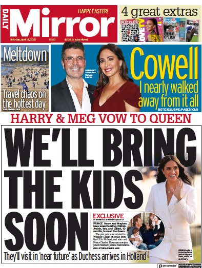 Daily Mirror Newspaper Front Page for 16 April 2022