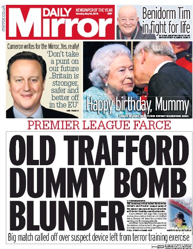 Daily Mirror (UK) Newspaper Front Page for 16 May 2016