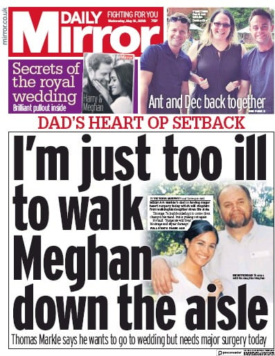 Daily Mirror Newspaper Front Page for 16 May 2018
