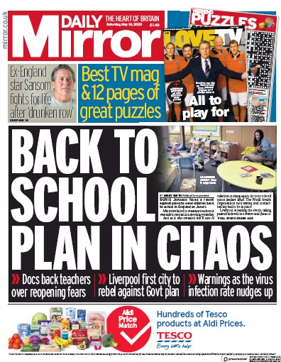 Daily Mirror Newspaper Front Page for 16 May 2020