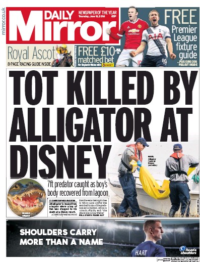 Daily Mirror Newspaper Front Page for 16 June 2016