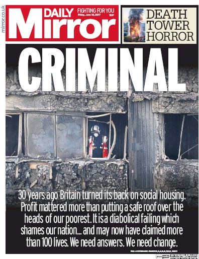 Daily Mirror Newspaper Front Page for 16 June 2017