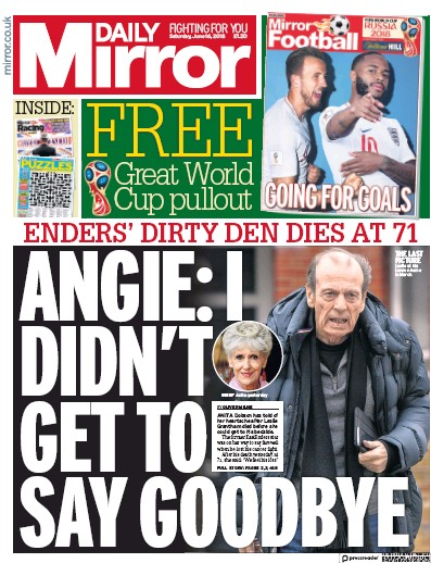 Daily Mirror Newspaper Front Page for 16 June 2018