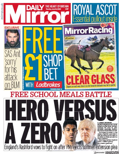 Daily Mirror (UK) Newspaper Front Page for 16 June 2020