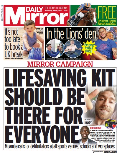 Daily Mirror (UK) Newspaper Front Page for 16 June 2021