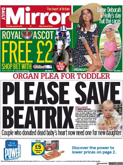 Daily Mirror (UK) Newspaper Front Page for 16 June 2022
