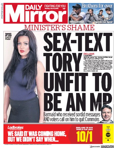 Daily Mirror Newspaper Front Page for 16 July 2018