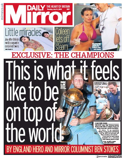 Daily Mirror Newspaper Front Page for 16 July 2019
