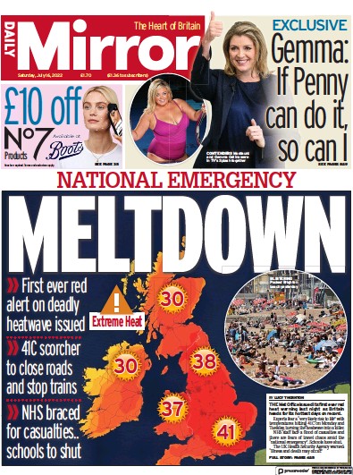 Daily Mirror Newspaper Front Page for 16 July 2022