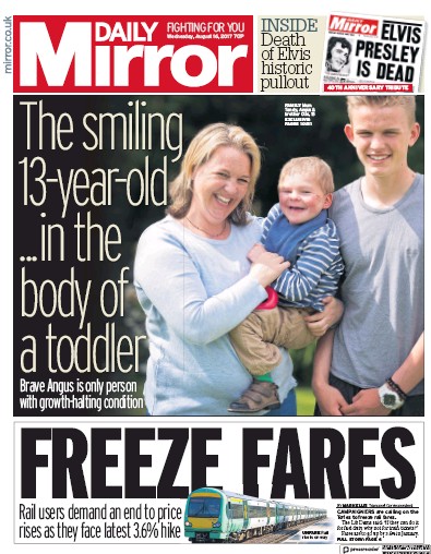 Daily Mirror Newspaper Front Page for 16 August 2017