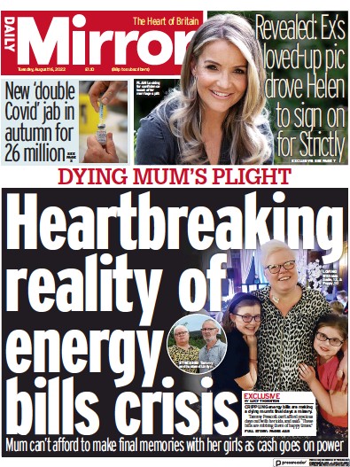 Daily Mirror (UK) Newspaper Front Page for 16 August 2022