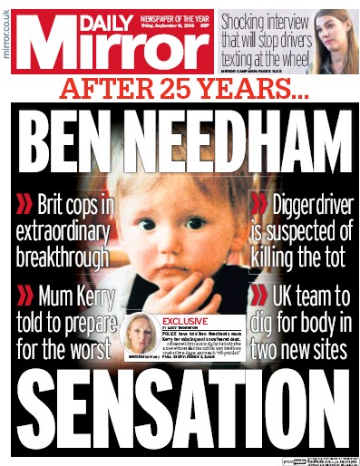 Daily Mirror Newspaper Front Page for 16 September 2016