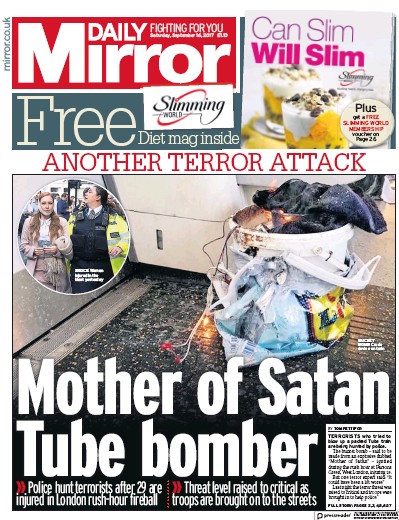 Daily Mirror Newspaper Front Page for 16 September 2017