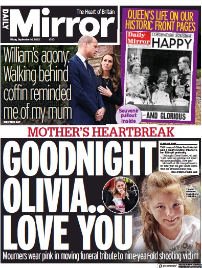 Daily Mirror (UK) Newspaper Front Page for 16 September 2022