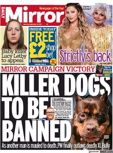 Daily Mirror (UK) Newspaper Front Page for 16 September 2023