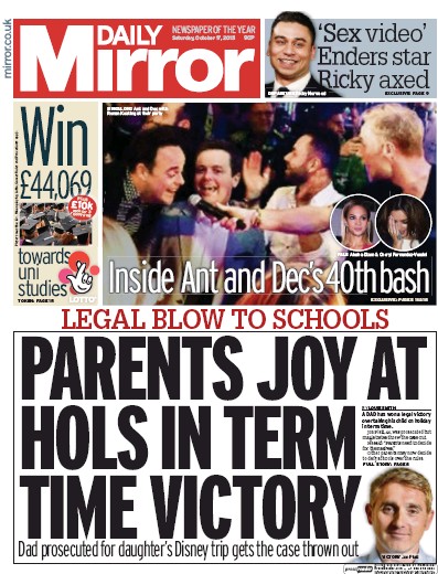 Daily Mirror Newspaper Front Page for 17 October 2015
